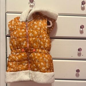 Little Lass Floral Orange Puffer Vest with Faux Fur Trim